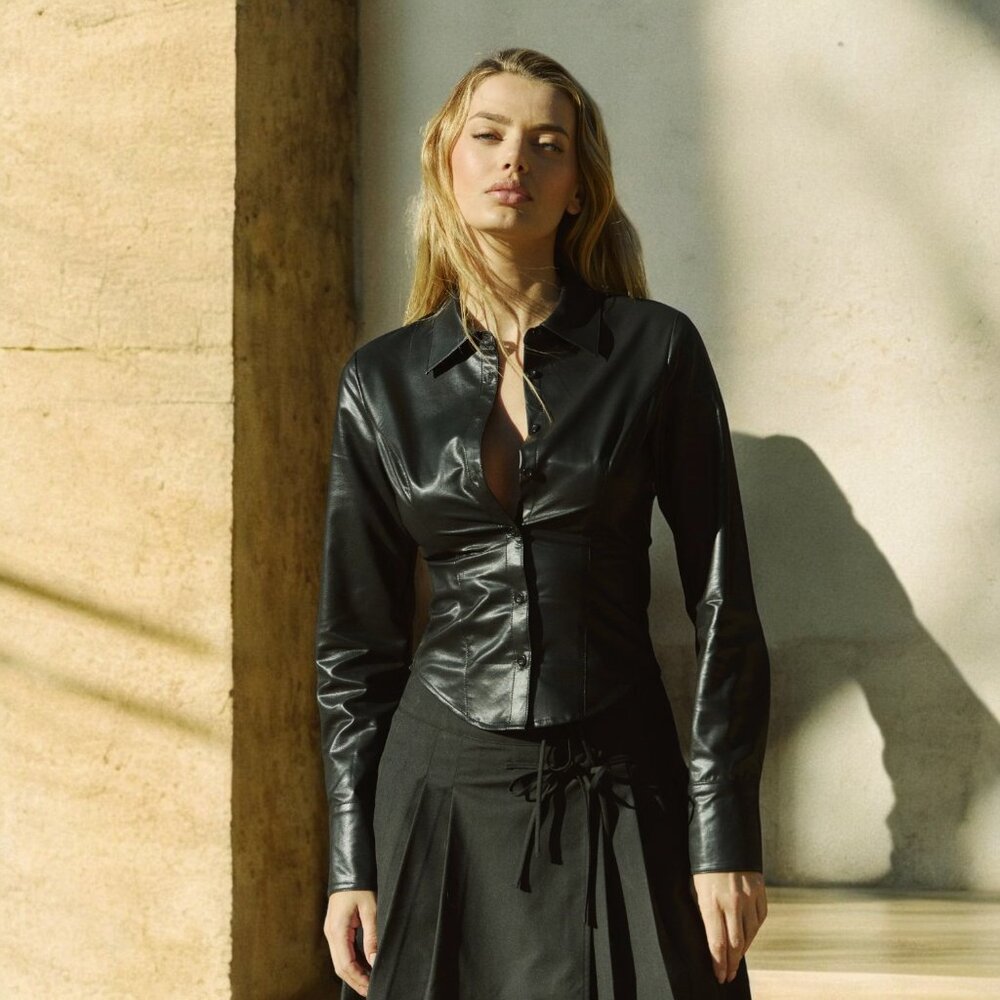 NWT NIA Brielle Black Faux Leather Shirt Button Down Sz S - $88